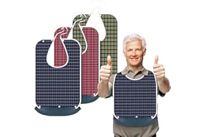 TAOTAZON TaTazon Adult Bibs, 3 Pack Bibs for Women and Men Eating Washable, Reusable Adult Clothing Protectors with Detachable Crumb Catcher for Elderly Men(Green/Red/Blue with Straps)