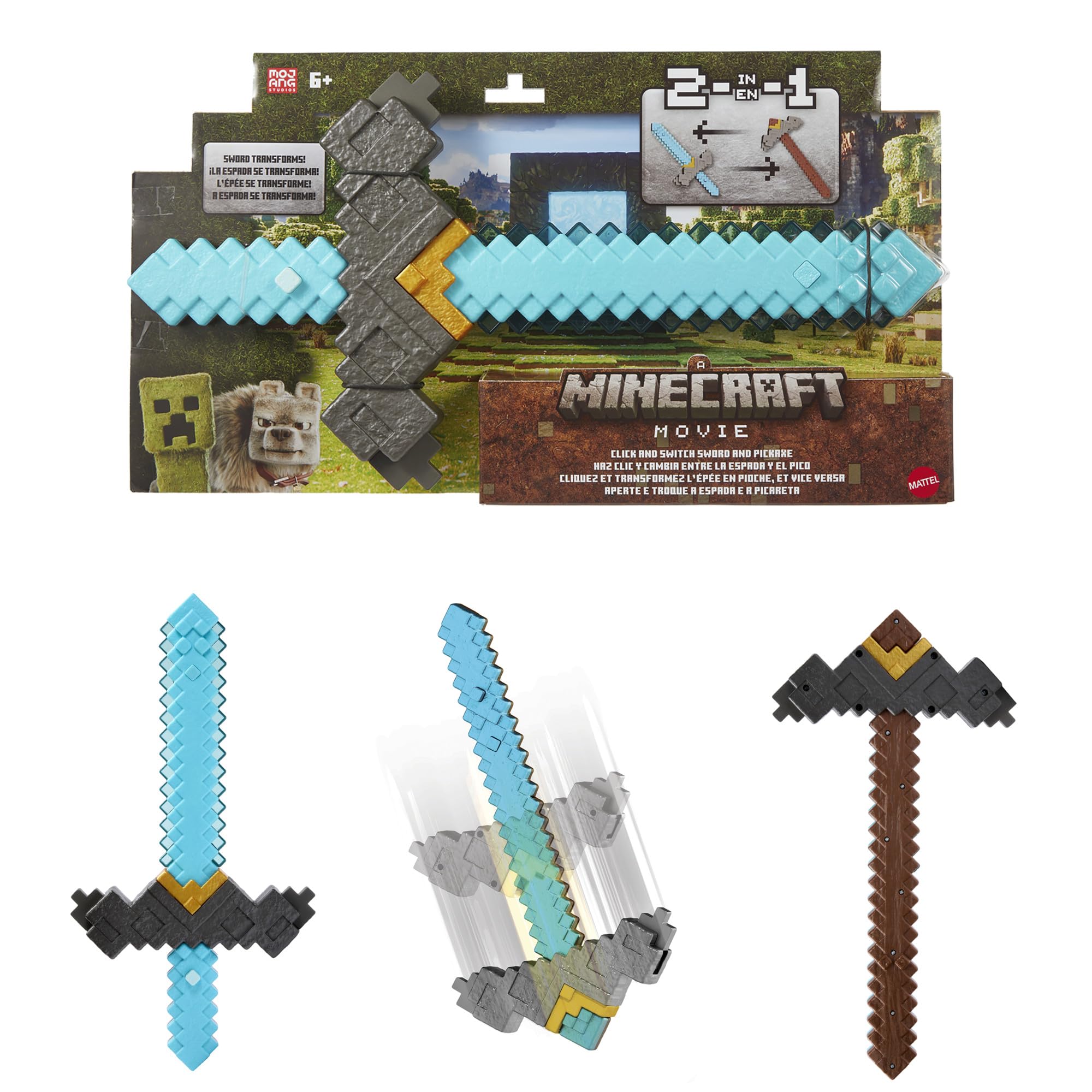 Mattel Minecraft Sword and Pickaxe 2-in-1 Toy, Button-Activated Click and Switch Role-Play Accessory Inspired by A Minecraft Movie, JFR72