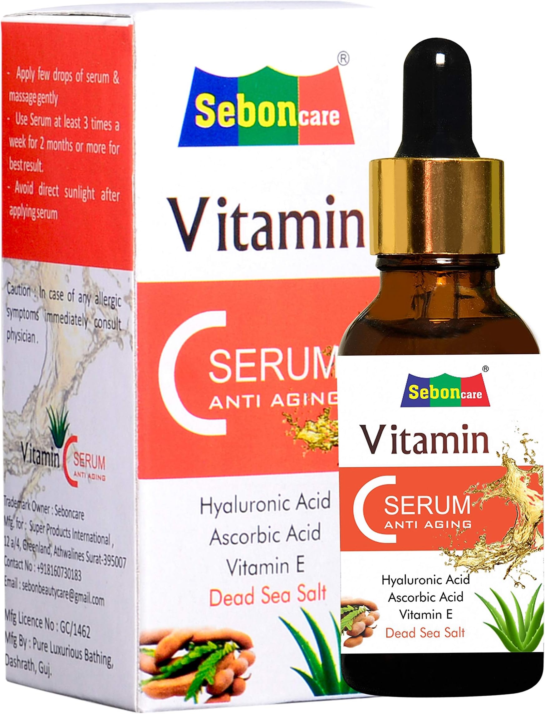 SebonCare Vitamin C Serum for Face Enrich with Hyaluronic Acid, Vitamin E, Tamarind Extract, Aloevera Extract, Dead Sea Salt for Brightening, Anti Ageing, Wrinkle Control, Dark Spot removal - 30ml