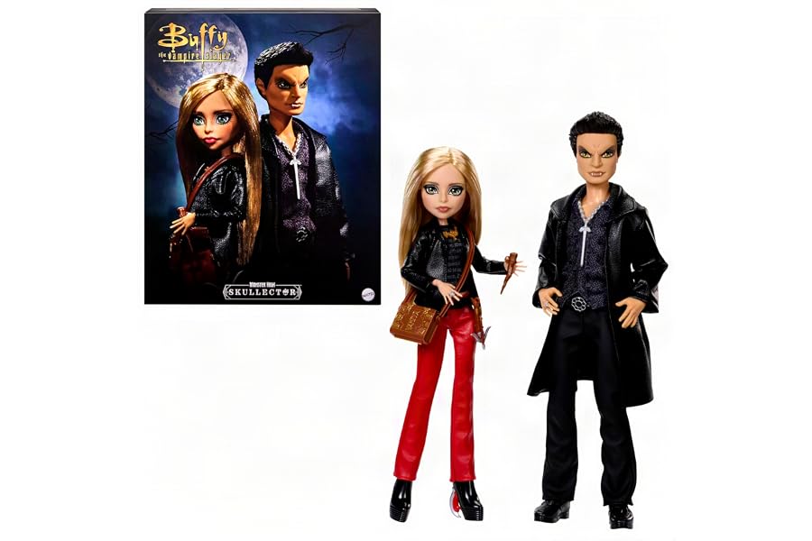 Monster High Skullector Buffy The Vampire Slayer Doll 2-Pack | Buffy and Angel Collector 2-Pack, Faux-Leather Clothes with Accessories like Stake, Crossbow, Doll Stands (Amazon Exclusive)