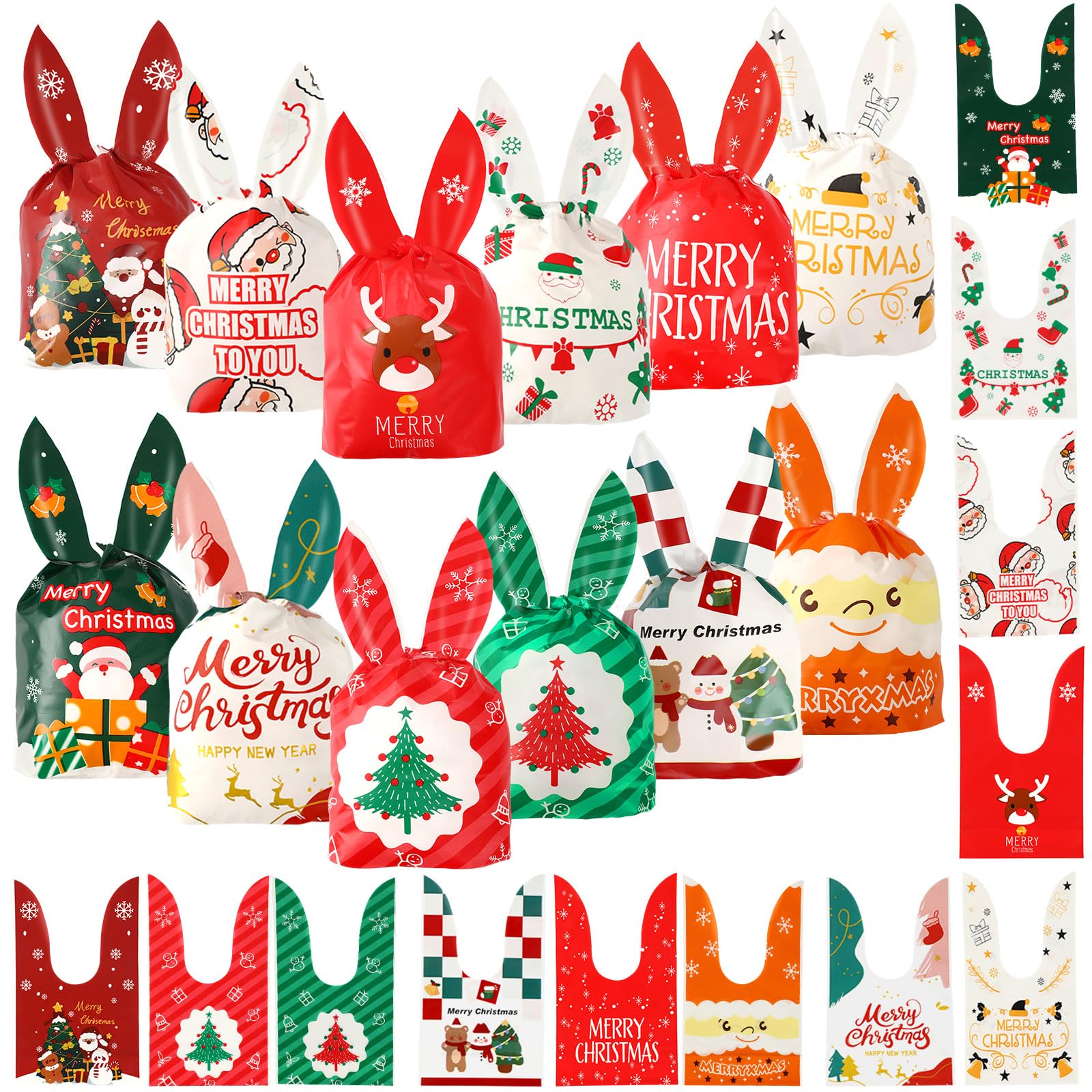 METBOU Christmas Bags 120 Pack Christmas Wrapping Bags Candy Bags Sorter Christmas Gift Bags Santa Snowman