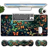 RUUHLJLET Keyboard Mouse Pad Set,Large Mouse Pad+Keyboard Wrist Rest+Wrist Support+Coaster,31.5x11.8in Extended Desk Mat for Computer Laptop Office Home - Cute Butterfly