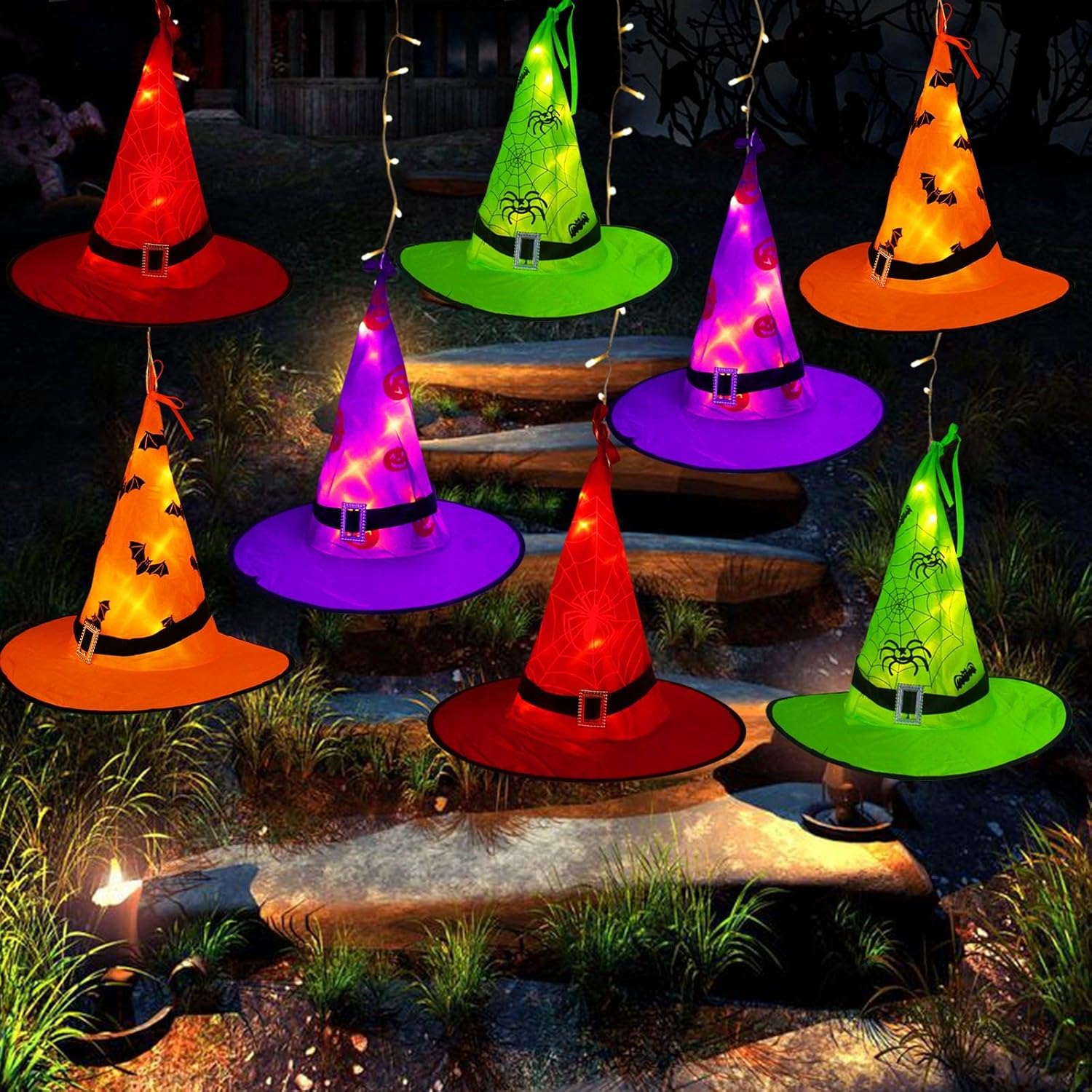 MZD8391 Halloween Decorations Lighted Witch Hats, 8Pcs Hanging Glowing Witch Hats 44ft Halloween Outdoor Lights String with 8 Lighting Modes for Outdoor, Garden, Yard, Tree: Home Improvement