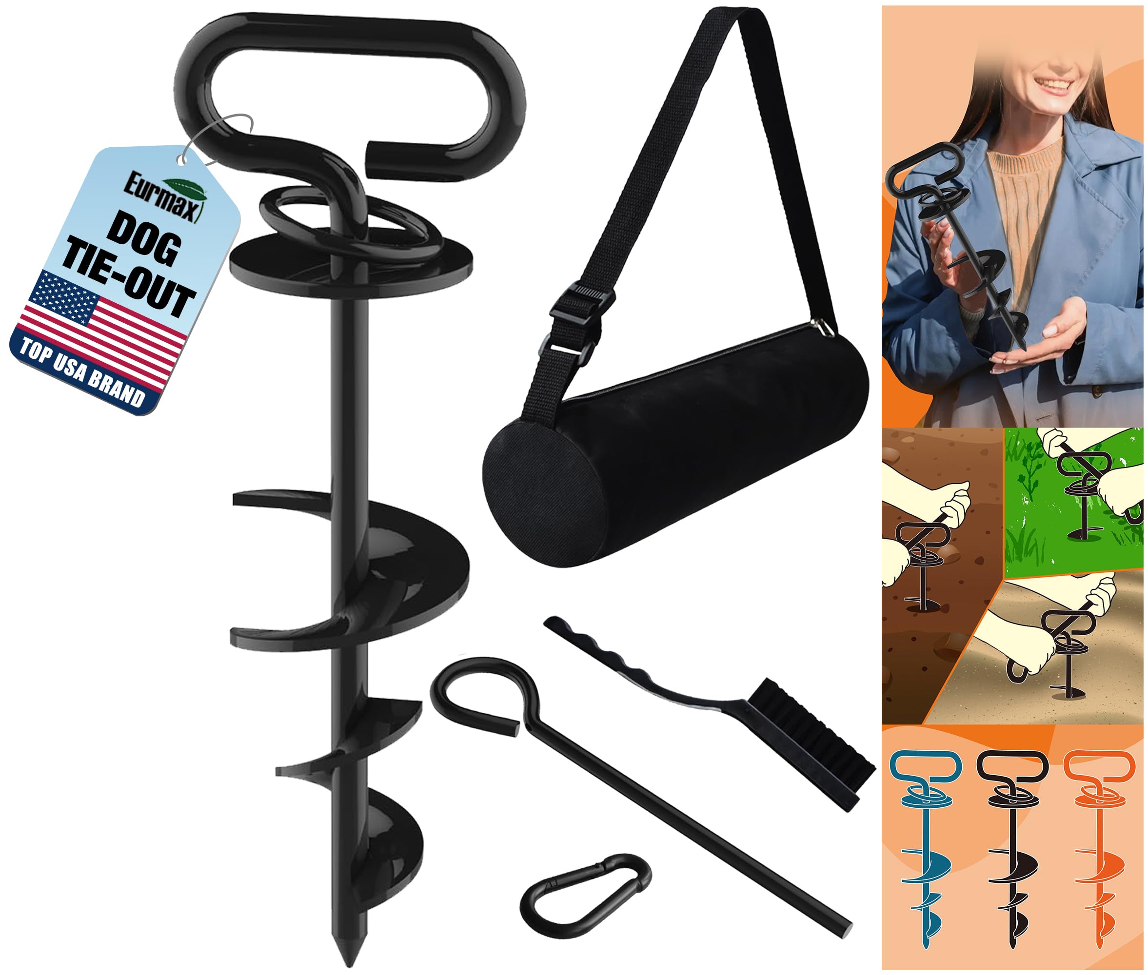 Eurmax USA Heavy Duty Dog Anchor, Triple Lock, 360° Swivel Ring, Black, 1-Pack