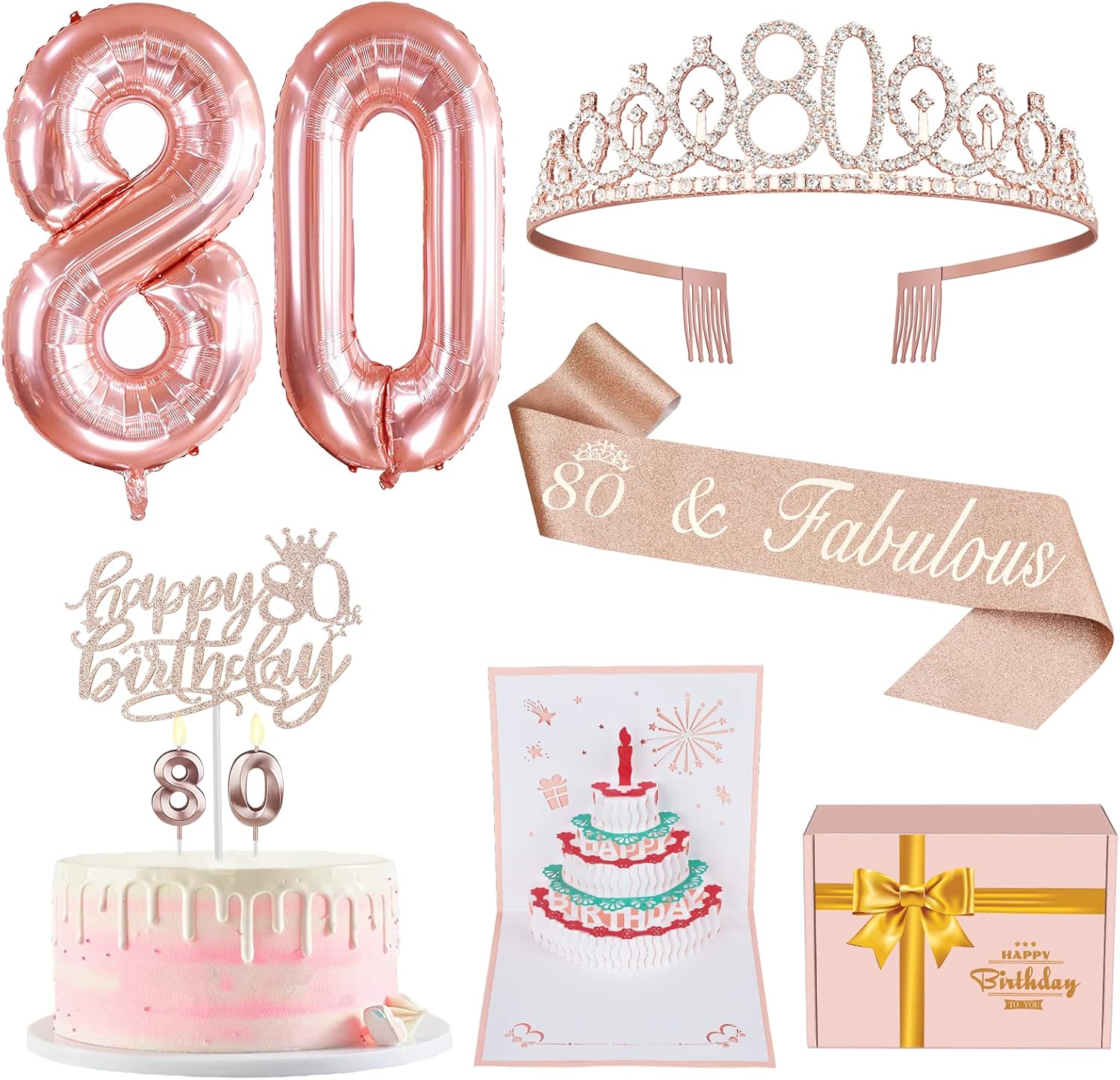 Candles & Holders - 80th Birthday Decorations For Women, Include 80th Birthday Sash and Tiara, Happy 80th Birthday Cake Topper and Number 80 Candles,80 Balloons, 3D Birthday Card, 80th Birthday Gifts for Women