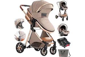 Aveainelle 3 in 1 Baby Stroller Travel System Combo Set, Reversible Infant Stroller with One-Click Folding, Convertible Newborn Toddler Pram Carriage with Aluminum Frame (UDV9-KHAKI with Base)