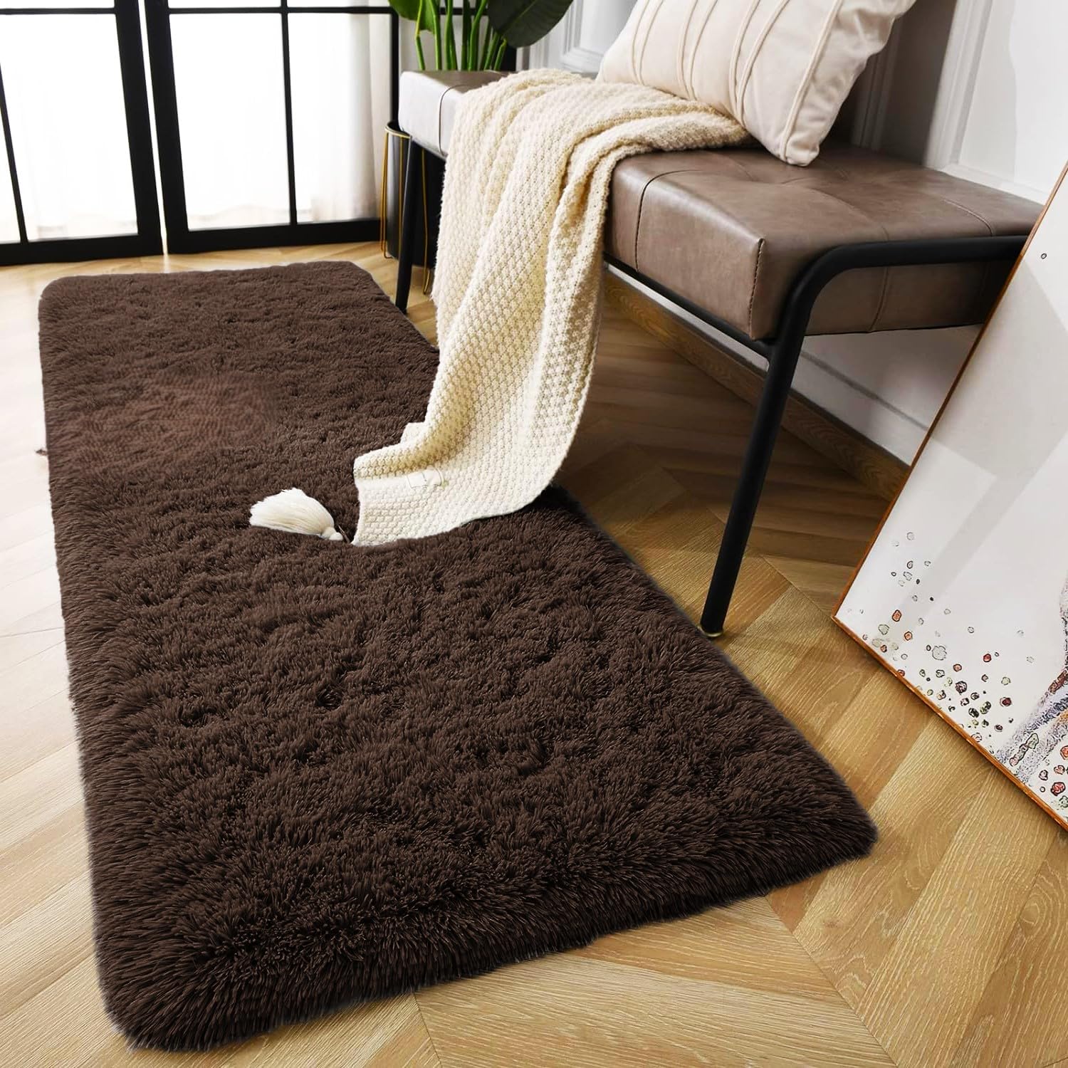 AMEHA Brown Shaggy Runner Rug 60x220 cm Fluffy Soft Non Slip Long Hallway Carpet Non-Shedding