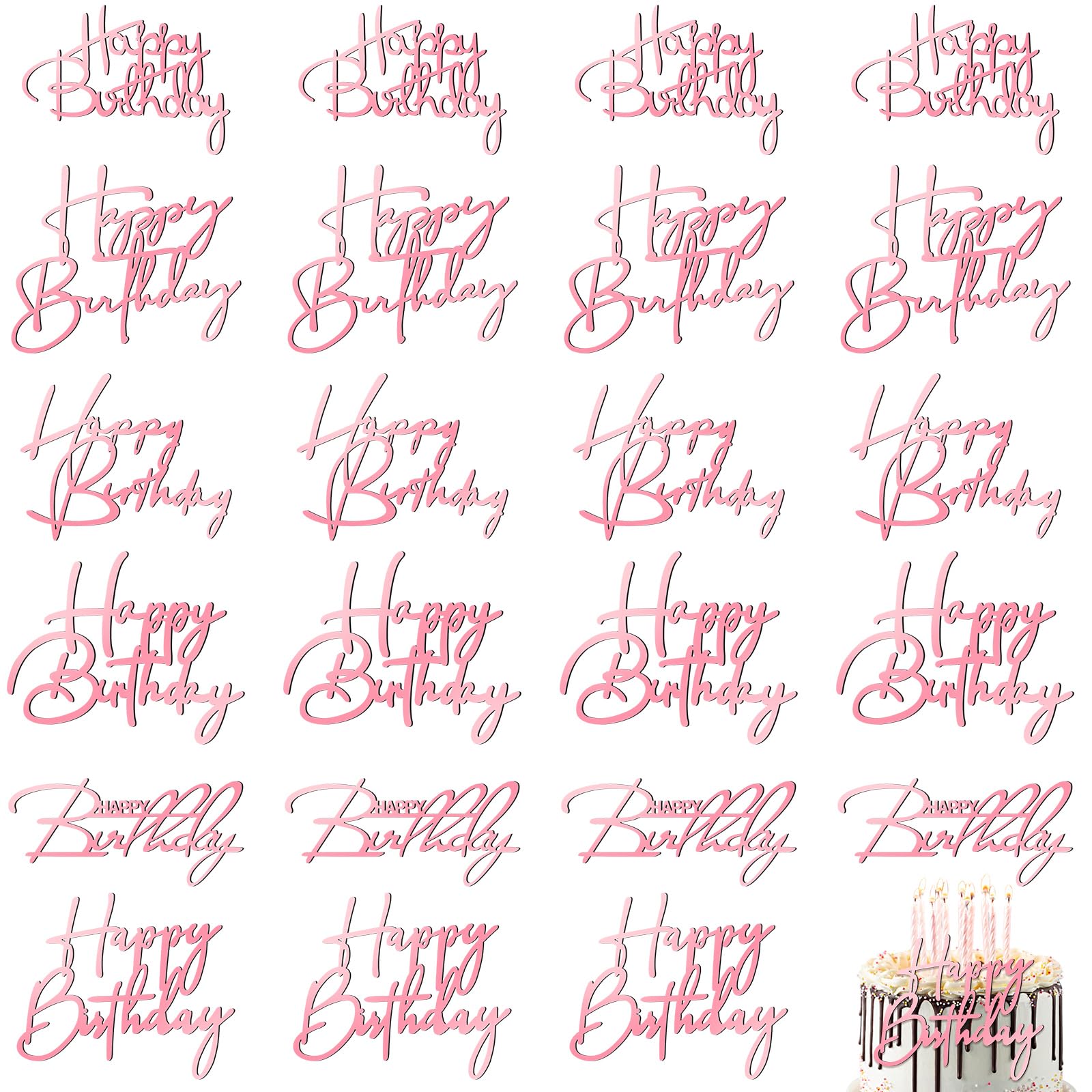 Barydat 24 Pieces Pink Happy Birthday Cake Toppers Mirror Acrylic Cupcake Topper Happy Birthday Sign for Cake Side Cupcake Decorations, 6 Styles