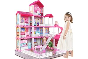 TEMI Dream Doll House Girl Toys - 4-Story 11 Doll House Rooms with Doll Toy Figures, Furniture and Accessories, Toddler Playhouse Christmas for 3 4 5 6 7 Year Old Girls