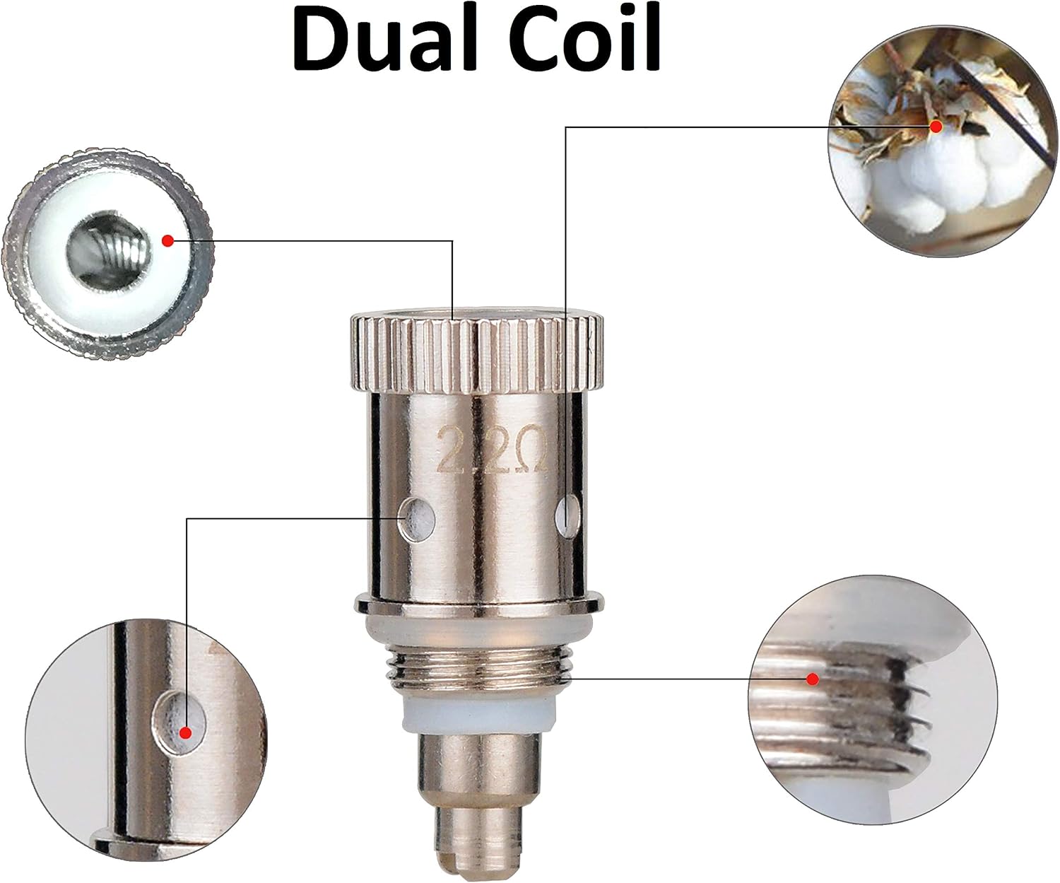 WOLFTEETH 5 Pack Genuine 2.2 ohm Dual Coil Atomizer Core Coil Head Replacement | GS H2S Clearomizer Atomizer Atomiser Compatible Replaceable Core | Nicotine Free 118902 - Image 5