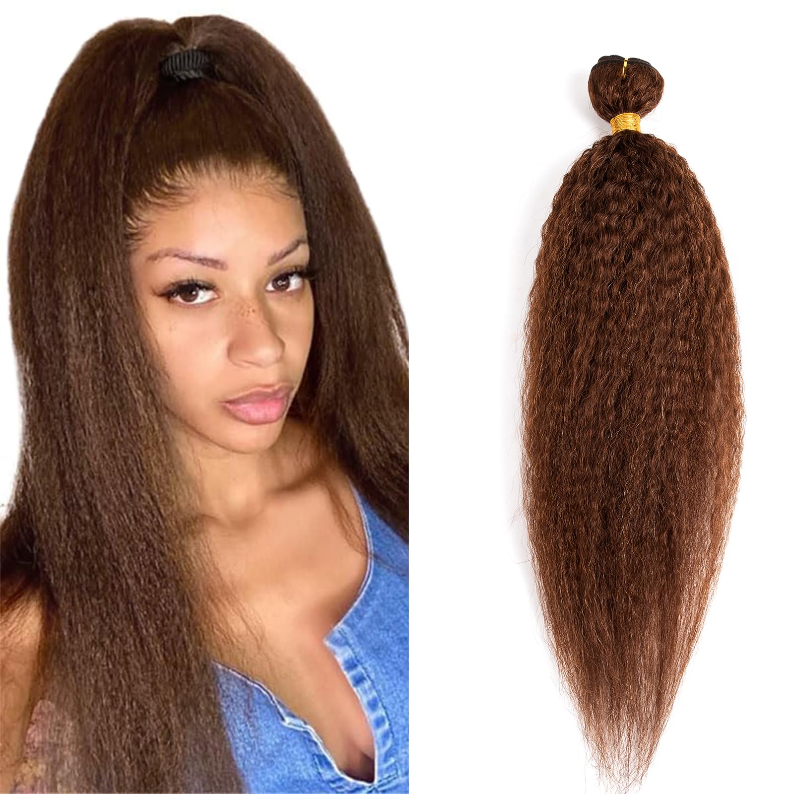 18 Inch Brown Kinky Straight Bundles Human Hair Yaki Straight Human Hair Bundles Remy Hair Yaki Straight Bundles for Black Women Natural Human Hair Bundles