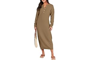 ANRABESS Women Long Sleeve Button V Neck Oversized Casual Loose Fit Waffle Knit Fall Midi Sweater Dress 2024 Trendy Outfits