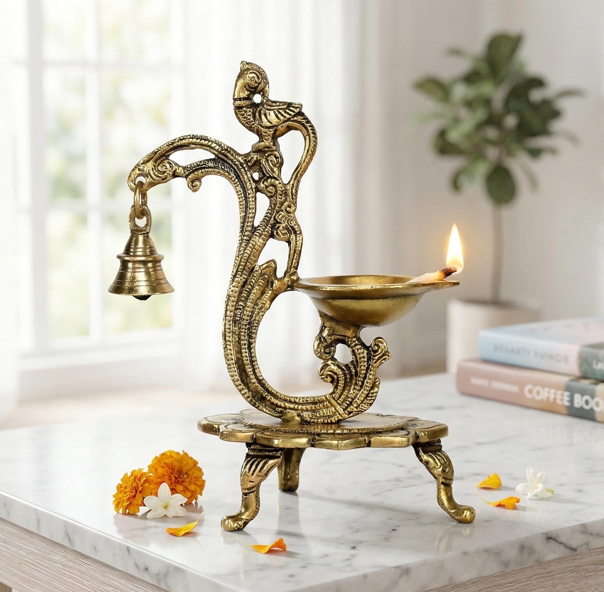 eSplanade - Brass Diya | Oil Lamp Deepam Kuthu Vilakku | Lamps for Home and Office (Peacock with Bell Lamp)