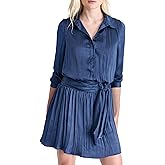 DKNY Womens Long Sleeve Collared Neck Mini Button Front Pleated Dress