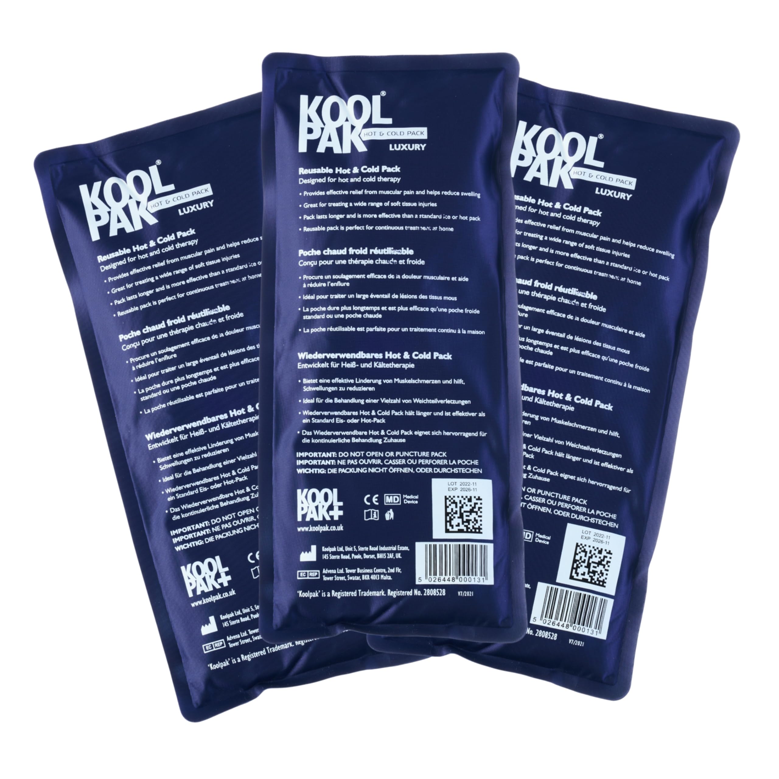 Koolpak Hot and Cold Gel Packs Reusable - 12cm x 29cm Microwaveable Heat Pack for Pain Relief - Long-Lasting Therapy with Soft Nylon Cover - Flexible Design for Stomach, Back, Neck & Legs (Pack of 3)