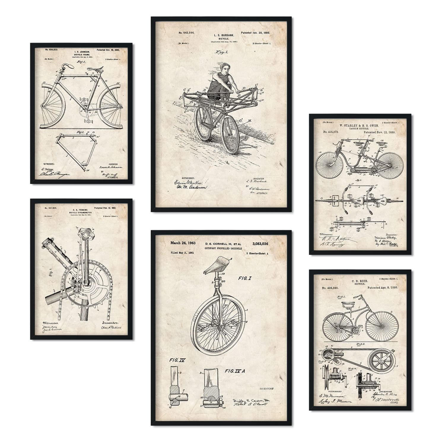 Nacnic Set of 6 Bicycle patent prints. Posters with retro patent illustrations for your home, shop, office... Vintage style interior decoration. A4 and A3 sizes. No frame.