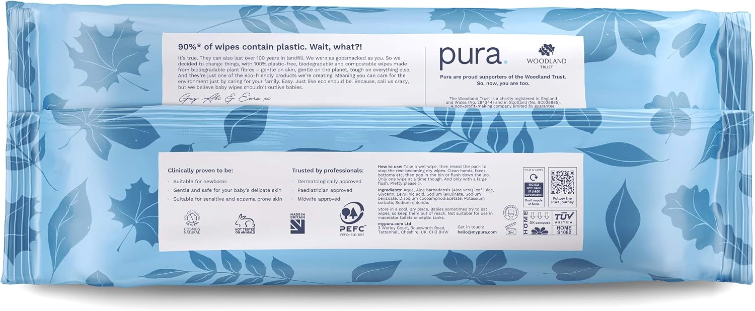 Pura Flushable Baby Wipes 12 x 60 per pack, (720 Water Based Wet Wipes) 100% Plastic Free, 99% Water - Image 5