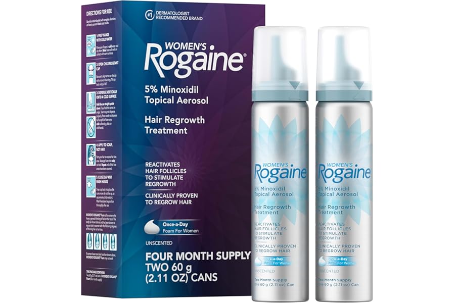 Rogaine for Women 5% Minoxidil Foam, Growth Treatment for Thinning & Hair Loss, Once-A-Day Unscented Topical Foam, Regrow Fuller Thicker Hair, Dermatologist Recommended, 4-Month Supply, 2 x 2.11 oz