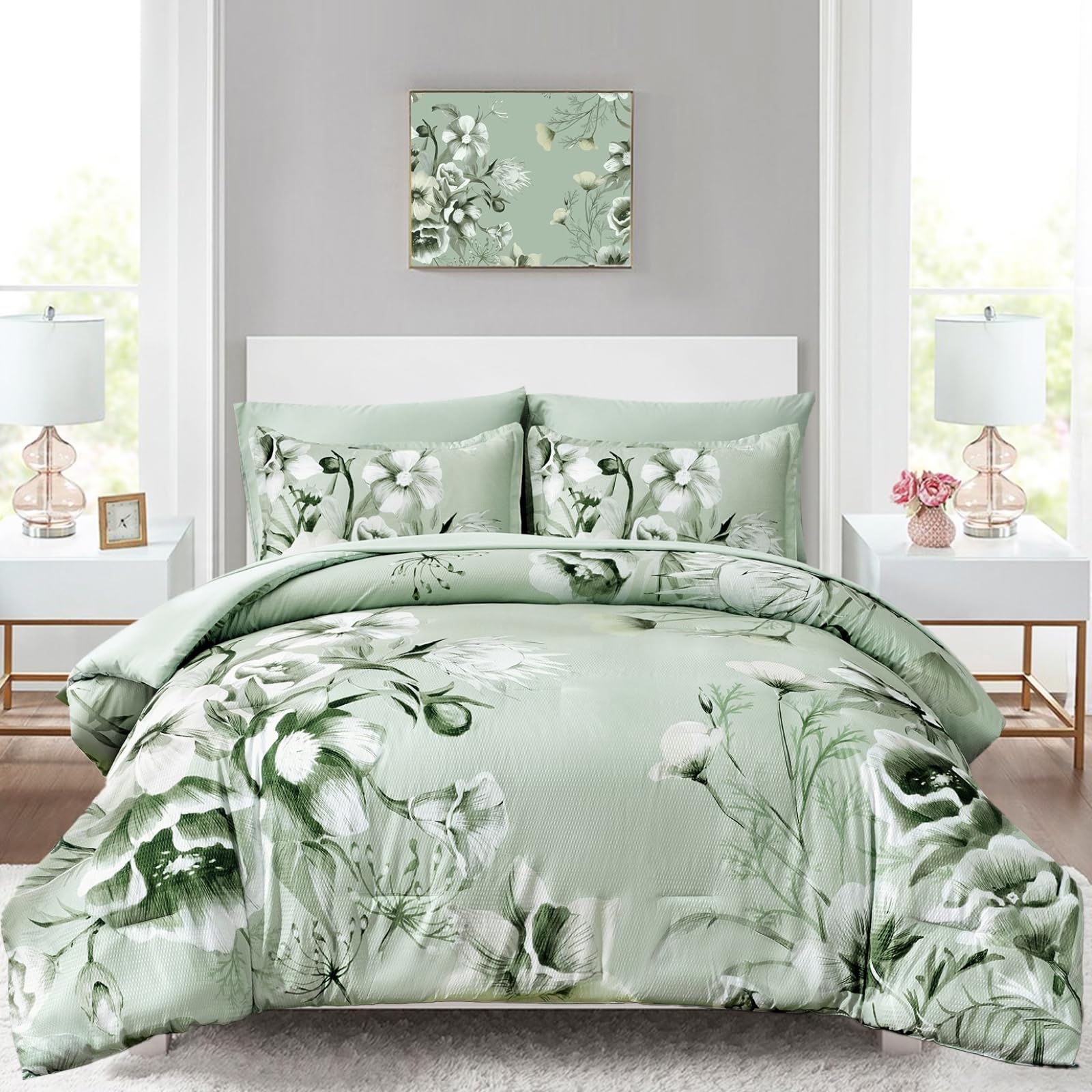 Luxudecor Blauwe dekbedset kingsize bed, 7-delig bed in een tas, blauw dekbed en lakenset met bloemen, zachte microvezel, complete beddengoedsets voor alle seizoenen Luxudecor Blauwe dekbedset kingsize bed, 7-delig bed in een tas, blauw dekbed en lakenset met bloemen, zachte microvezel, complete beddengoedsets voor alle seizoenen