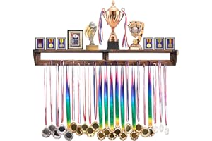 LAVIEVERT Gymnastic Medal Hanger with Storage Shelf, Wooden Wall-Mounted Trophy Shelf, Race Medal Display Rack Holder with 23 Hanging Bars