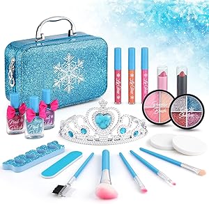 21pcs Kids Makeup Kit for Girls, Kids Play Washable Makeup Set Frozen Toys for Girls, First Princess Little Girls Starter Kit Real Makeup Cosmetic Beauty Set Toys for 3 4 5 6 7 8 9 10 Year Old Girls