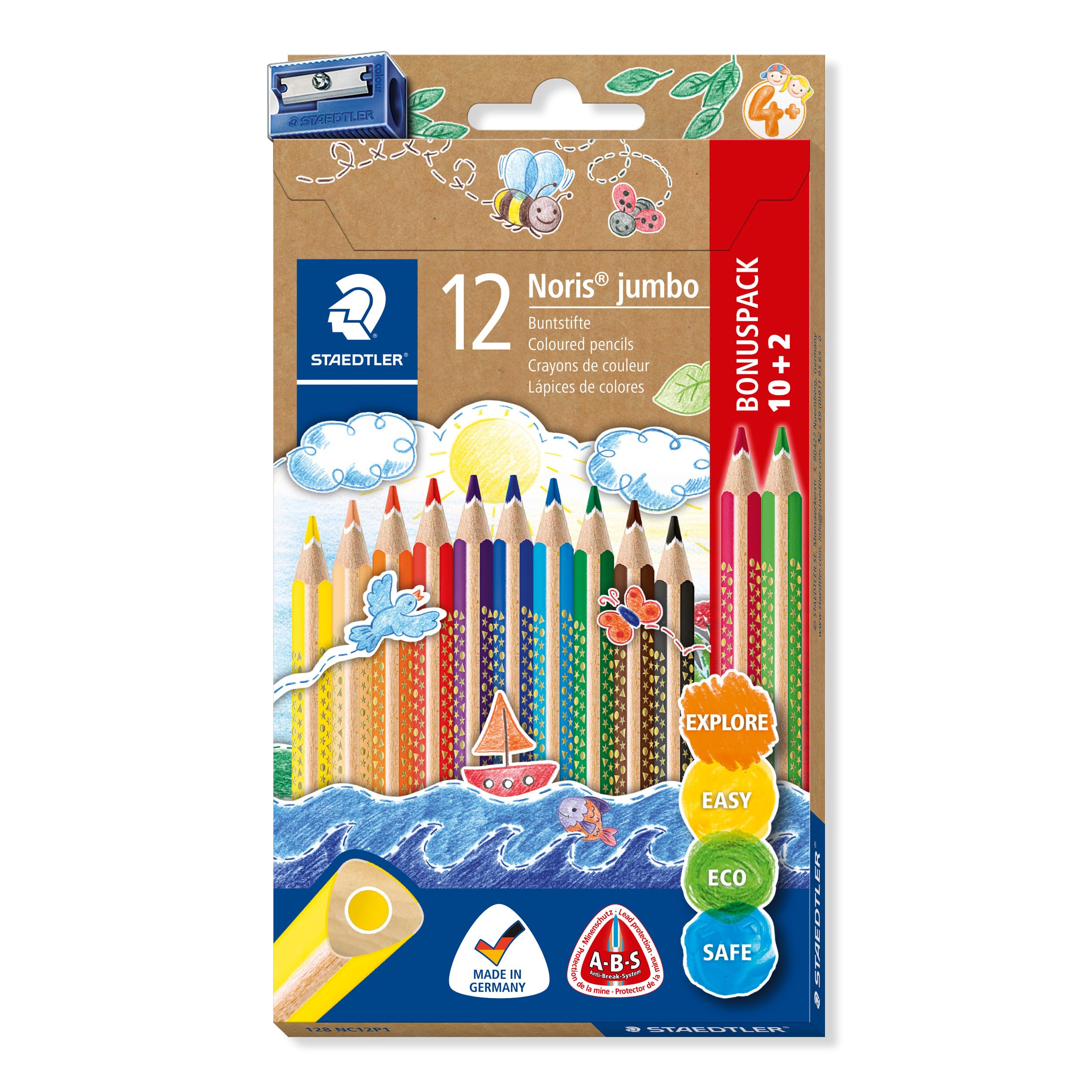 STAEDTLER 128 NC12P1 Noris Jumbo Coloured Pencils in Assorted Colours, Pack of 10 + 2, with Sharpener