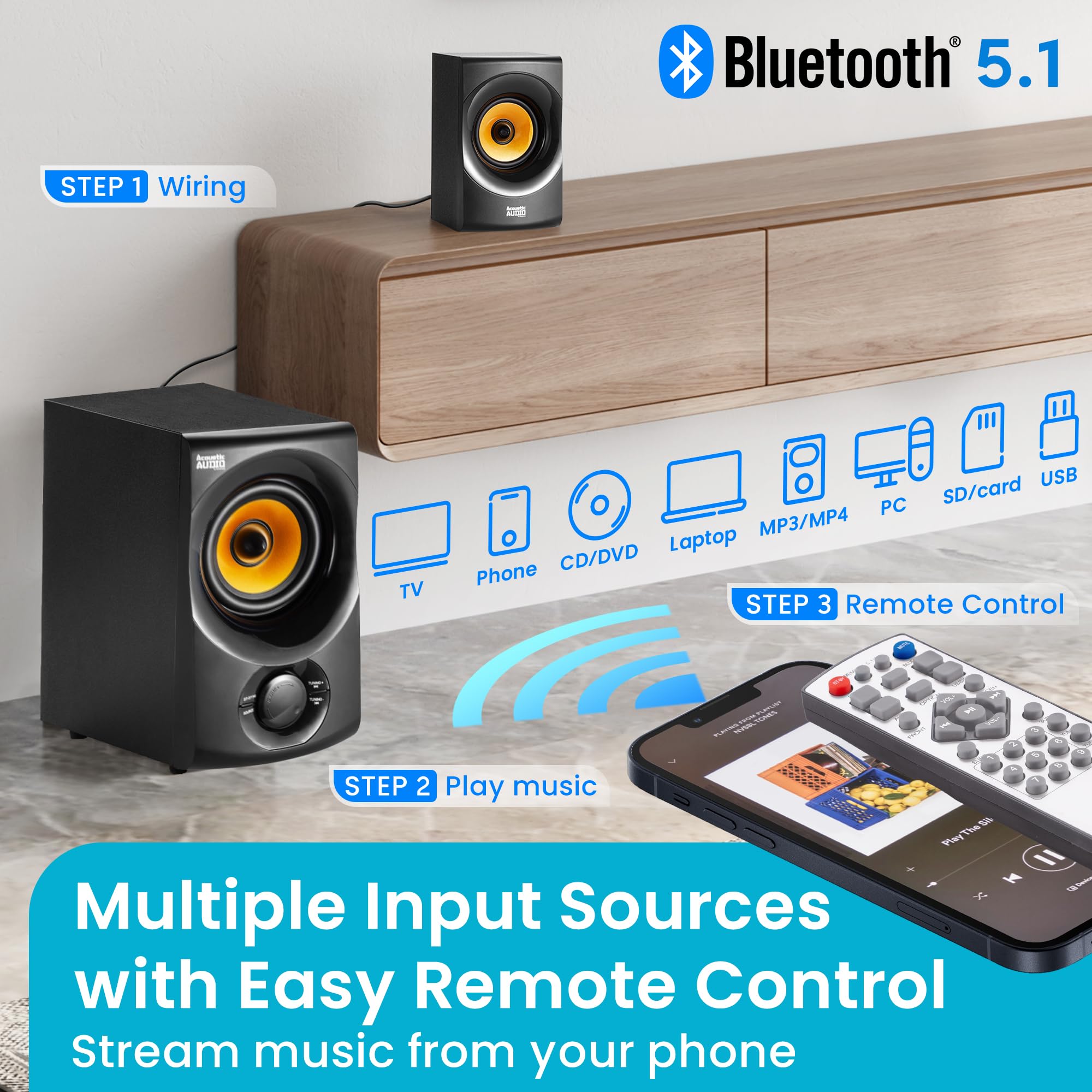 Acoustic Audio AA5170 Home Theater 5.1 Bluetooth Speaker System 700W with Powered Sub