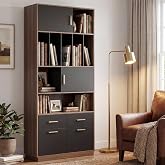 ModernMate 73.3" Tall Bookcase with 4 Drawers and Doors, Office Cabinet | Office Storage Cabinet with File Drawers for Letter / A4 File, Open Shelves for Home Office, Living Room, Black Walnut