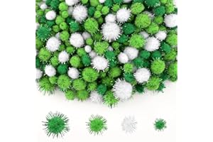NACHLYNN 1000 Glitter Pom Poms Bulk 4 Sizes Assorted Soft Fluffy Pom Poms for Crafts DlY Decorations Activities with A Storage Bag (Green Series)