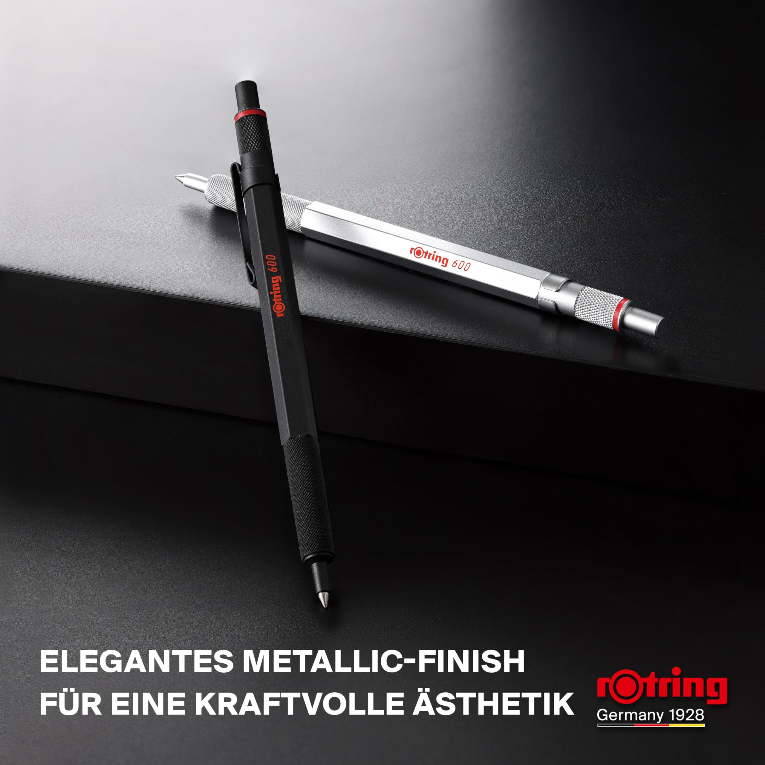 rOtring 600 Gelschreiber | 0,55 mm | Schwarze Tinte | Schwarzes Schreibgerät mit Metallschaft | Rutschfeste, gerändelte Griffzone und Sechskantschaft | Nachfüllbar 7