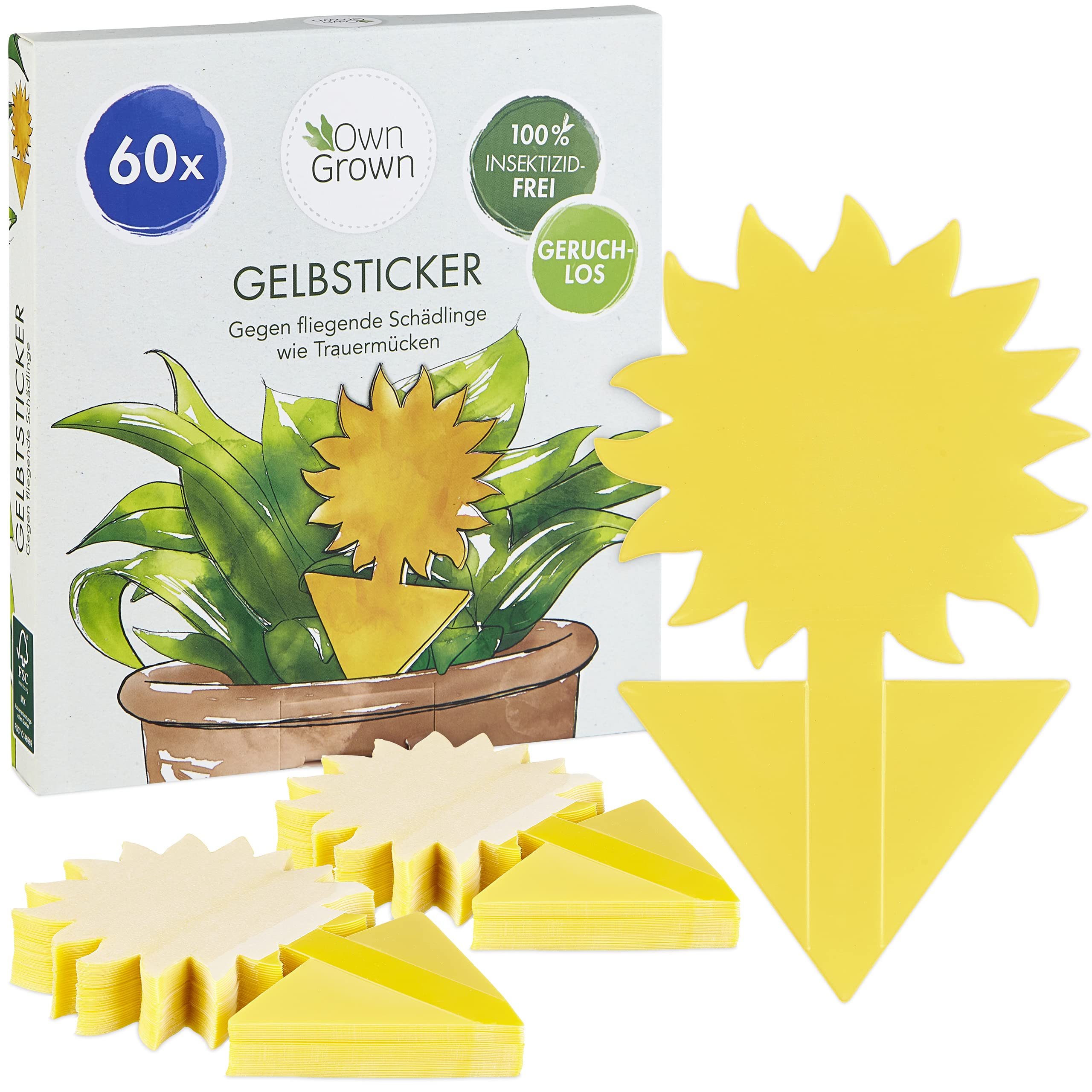 OwnGrown Gelbe Fliegenfalle für Zimmerpflanzen - 60 Stück Mückenbekämpfung Aufkleberpapier - Sonnenblumen Fruchtfliegenfalle Ideal für Zimmerpflanzen und den Innenbereich - 13,5 x 7,5 cm