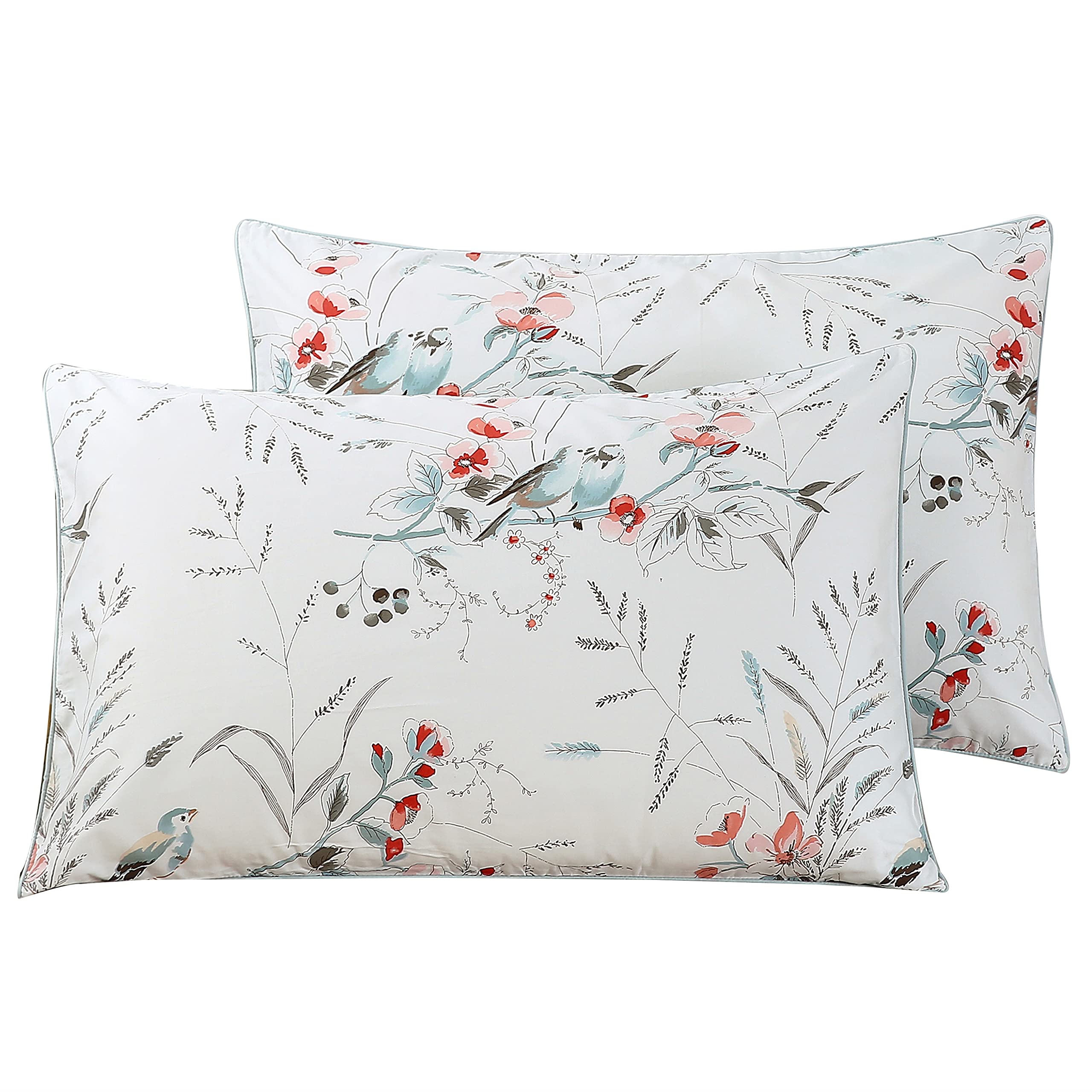 STYHO 100% Egyptian Cotton Floral Printed Pillow Cases 2 Pack Envelope Closure Standard Size Pillow Cover for Hair and Skin Soft Cozy and Breathable(Light Teal,50 x 75cm)