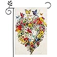 Spring Summer Birds Flowers Butterflies Garden Flag for Outside, Colorful Floral Love Hearts Yard Flag 12x18 Inch Double Sided Burlap Outdoor Flag Home Decorations
