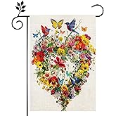 Spring Summer Birds Flowers Butterflies Garden Flag for Outside, Valentines Day Colorful Floral Love Hearts Outdoor Yard Flag 12x18 Inch Double Sided Burlap