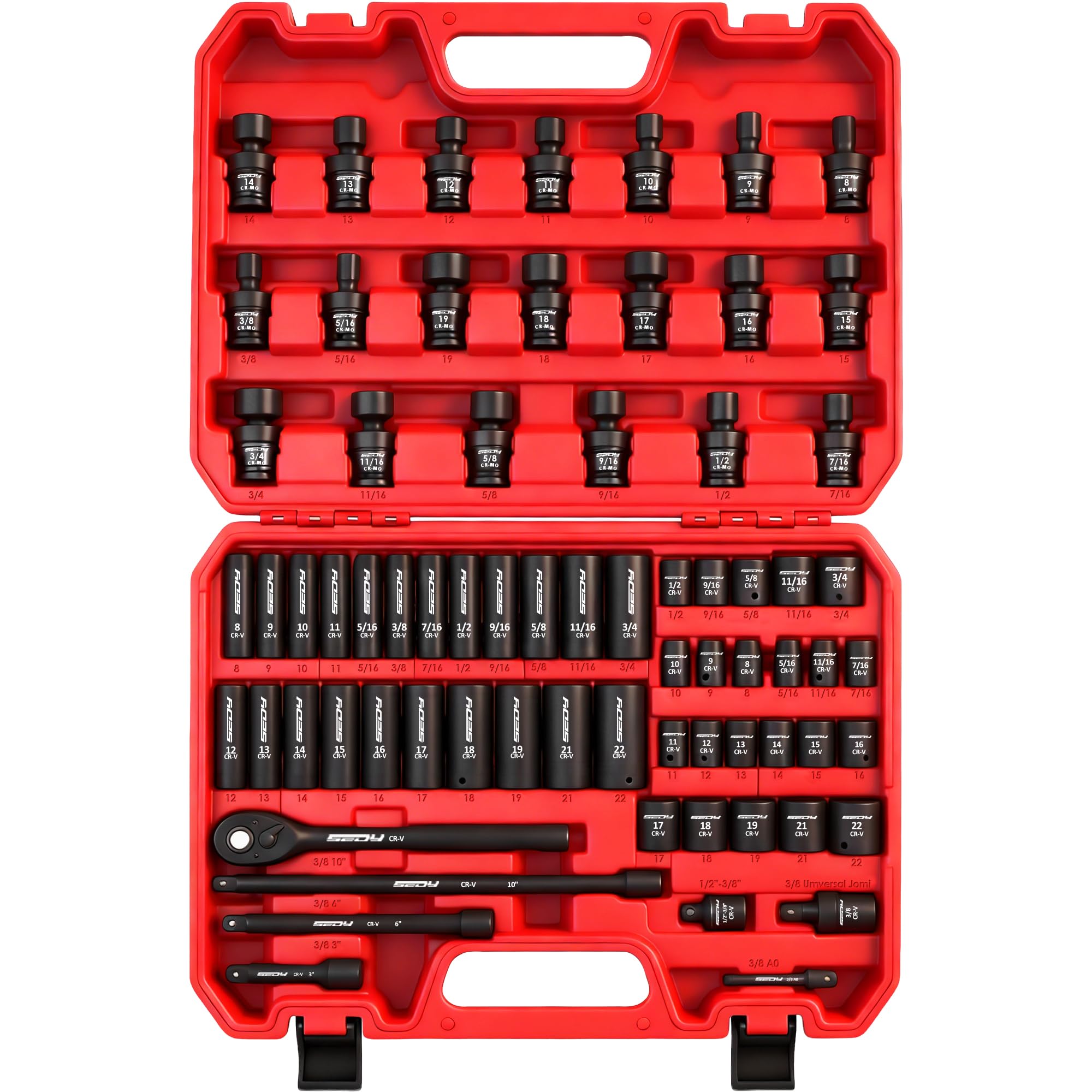 71-Piece 3/8" Drive Master Impact Socket Set, SAE and Metric, 5/16"- 3/4", 8mm - 22mm, Cr-V, Cr-MO, Universal Joint Deep Standard Sockets with Ratchet Handle, Swivel Sockets, Extension Bars, Adapters Image