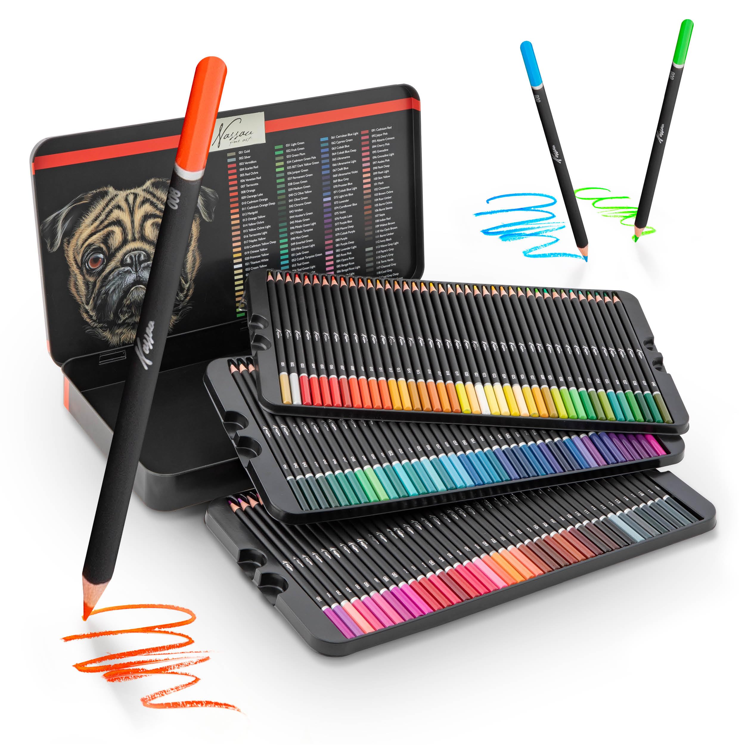 VAN NASSAU FINE ART Professional 120-Piece Colouring Pencils Set in a Tin Presentation Box, Wooden Pencils Drawing Set, Coloured Leads, for Children and Adults