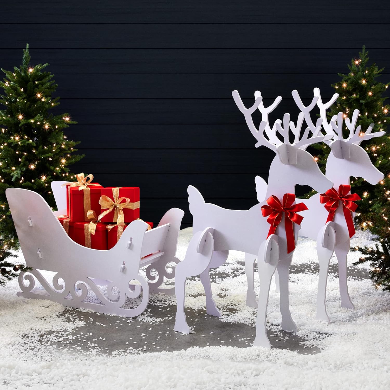 Decorative Garden Stakes - Best Choice Products 3-Piece 4ft Deer & Sleigh Silhouette Set, Outdoor Christmas Holiday Yard Decoration, Weather-Resistant PVC Decor for Lawn, Garden, Display w/ 2 Reindeer, 6 Ground Stakes - White