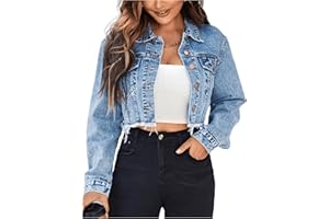 Floerns Women's Raw Hem Long Sleeve Button Down Pocket Cropped Denim Jean Jacket