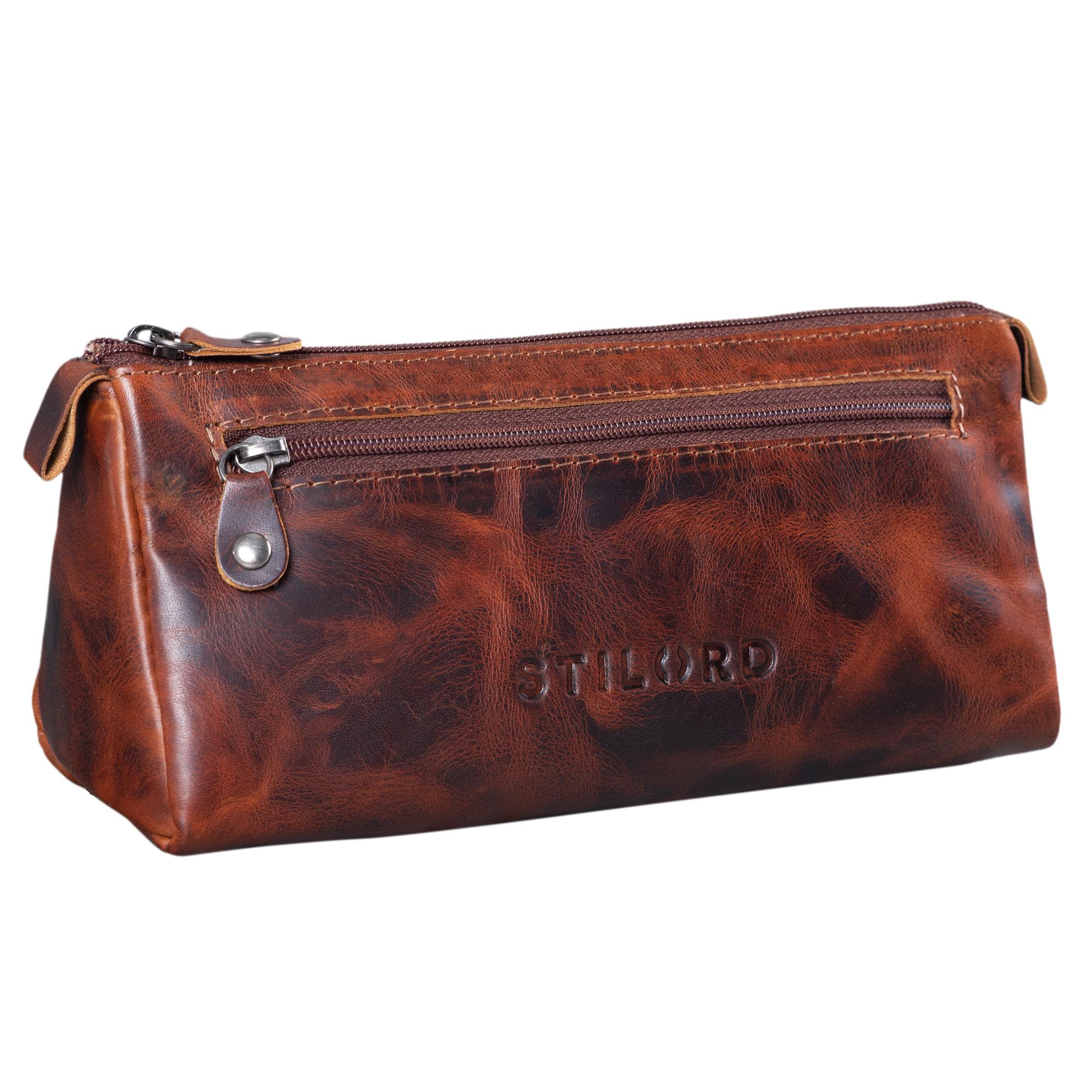 STILORD 'Alexis' Leather Pencil Pouch Vintage Pen Case Holder with Zipper for Women Men for School Office in Genuine Leather, Colour:Milano - Brown