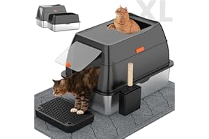 LOBEVE Stainless Steel Litter Box with Lid,Front Entry Top Exit Kitty LitterBox,Extra Large Enclosed Metal Cat Box with Litter Scoop & Litter Mat-Black