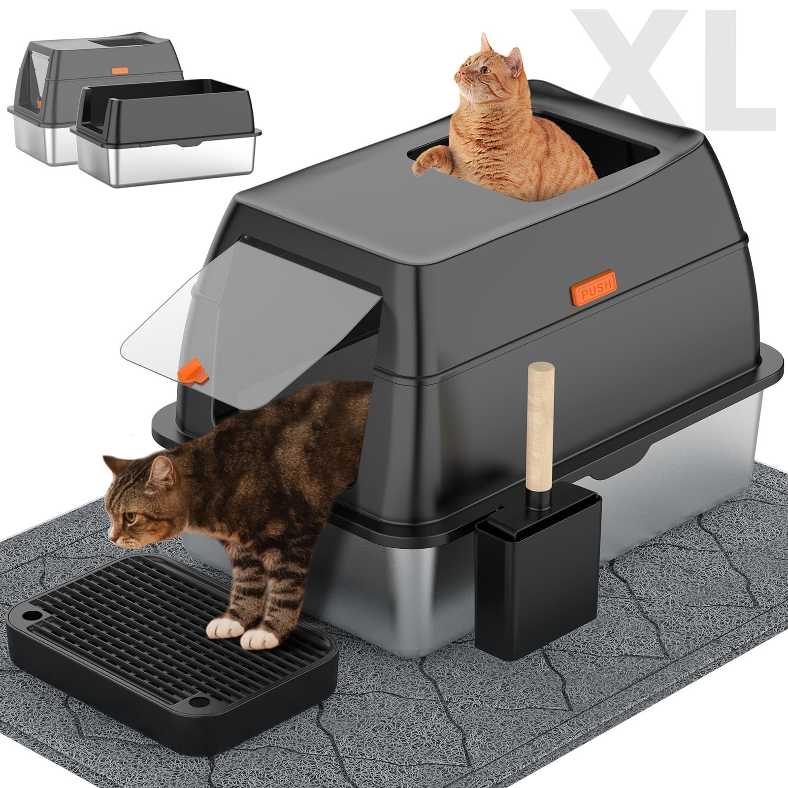 Photo 1 of Stainless Steel Litter Box with Lid,Front Entry Top Exit Kitty LitterBox,Extra Large Enclosed Metal Cat Box with Litter Scoop & Litter Mat-Black