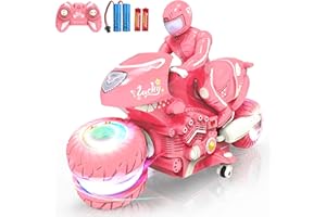 iappadore Pink RC Motorcycle with RGB Wheels Lights, Remote Control Car Motorbike Toy, 360° Rotations, 55 Min Play, Stunt Motocross with Rider, 2.4Ghz RC Dirt Bike Birthday Xmas for Girls 4-12