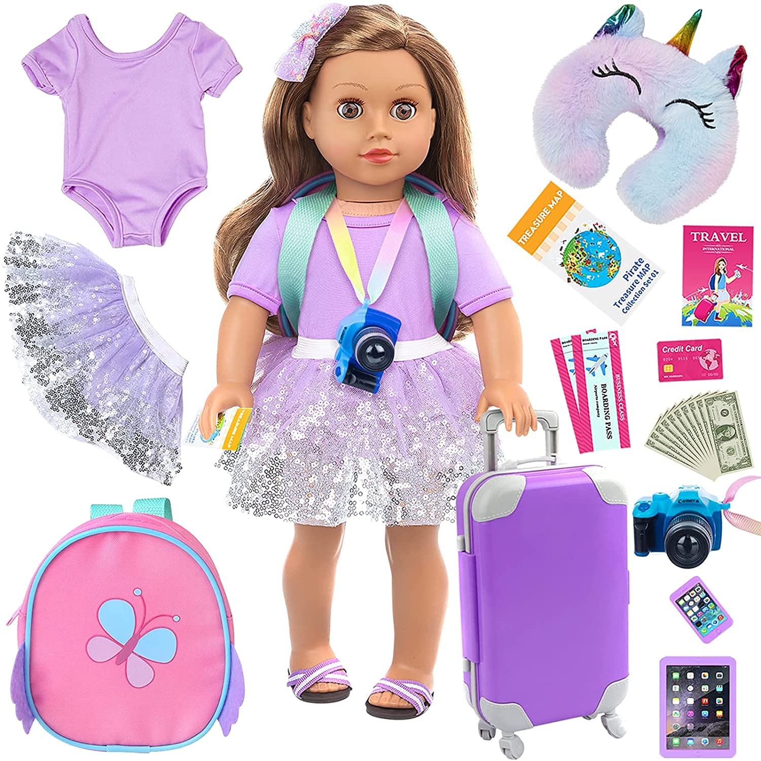 ZITA ELEMENT 23PCS 18 inch Girl Doll Accessories Case Luggage Travel Play Set with Toy Camera Travel Pillow Sunglasses Doll Stuff Fit Christmas Birthday Gift (Doll & Shoes Not Included)