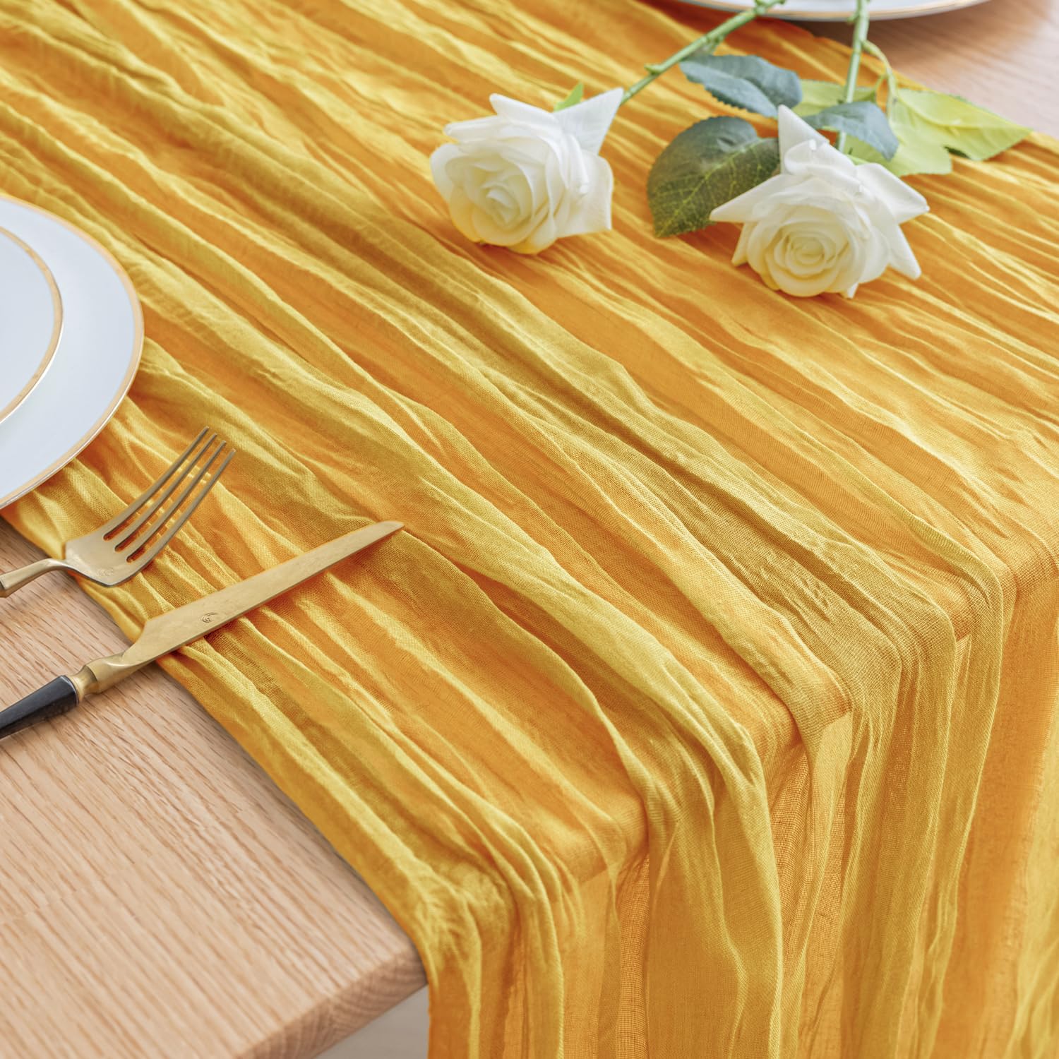 Photo 1 of Asee'm Cheesecloth Table Runner 120 Inches Long Gold Boho Gauze Cheese Cloth Runner 10FT Rustic Sheer Fall Table Runners for Thanksgiving Christmas Wedding Party Baby Shower Decoration