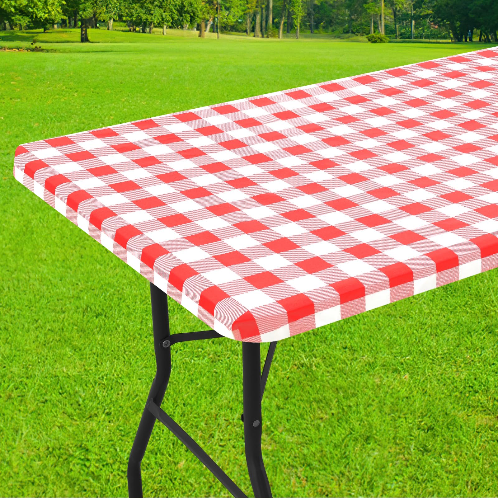 Photo 1 of Smiry Rectangle Picnic Table Cloth, Elastic Waterproof Fitted Vinyl Tablecloths, Flannel Backed Buffalo Plaid Table Covers for Dining, Camping, Outdoor (White and Red, 30" x 48")