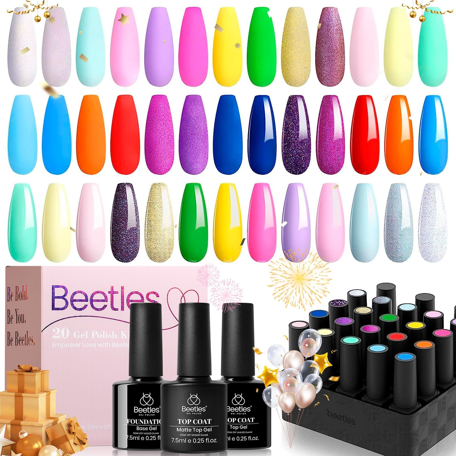 Beetles 23 Pcs Gel Nail Polishes Unicorn Collection Pastel Pink Yellow Blue Nail Polish Purple Green Glitter Gel Polish Soak off Gel Nail Kit with Base Gel Glossy&Matte Top Gifts for Women — image 1