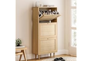 EYYTHUNG Rattan Shoe Cabinet Narrow Shoe Storage Cabinet with 3 Flip Drawers Hidden Freestanding Shoe Rack Organizer with Wood Legs for Entryway Slim, Hallway, Natural Oak