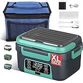 Cordless Electric Heated Lunch Box, 1.5L - 6.3 Cups 100W Rechargeable Smart Self-Heating Food Warmer with Removable Divider, Spoon, Fork, BPA Free, Portable Lunchbox for Car Travel Office Lake Green