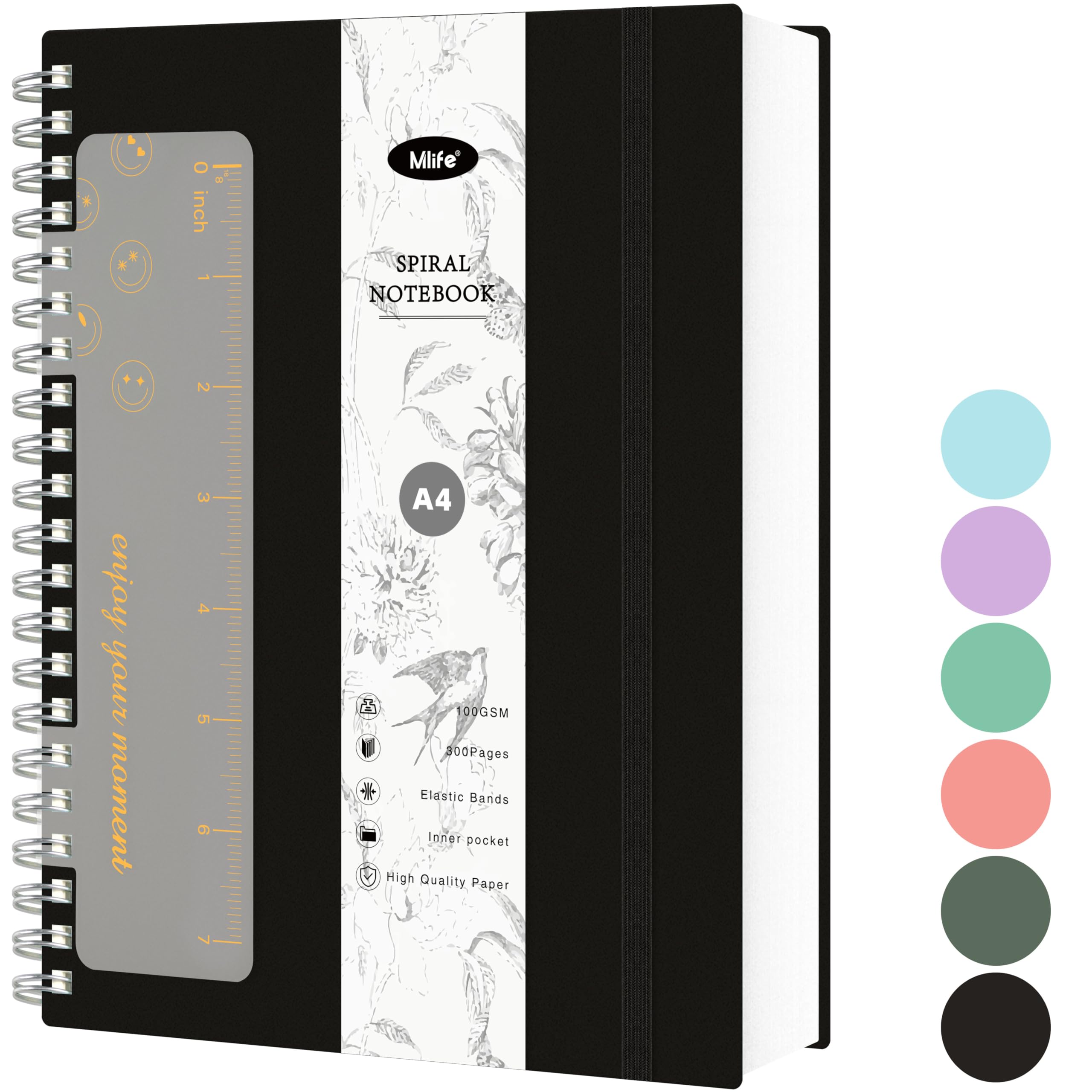 Mlife Notebook A4 Dotted,Bullet Dot Journal,300pages Spiral Notebook,100g/M² Ink-Resistant Paper,PVC hardcover，with Ruler,Expandable Pockets,Elasticated Ribbon,21x 28cm(Black)