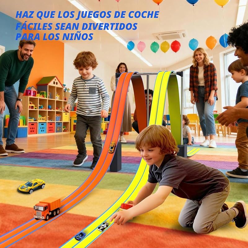 Carreras de Coches Flexibles, 4,5 m, Incluye 6 Coches, Rampas Portátiles de Doble Circuito, Rampas para Coches de 1/64, Regalo para Niños a Partir de 3 Años